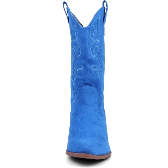 Women Light-blue Suede Mid Calf Chunky Block Heel Western Embroidered Boot - Picture 3 of 7